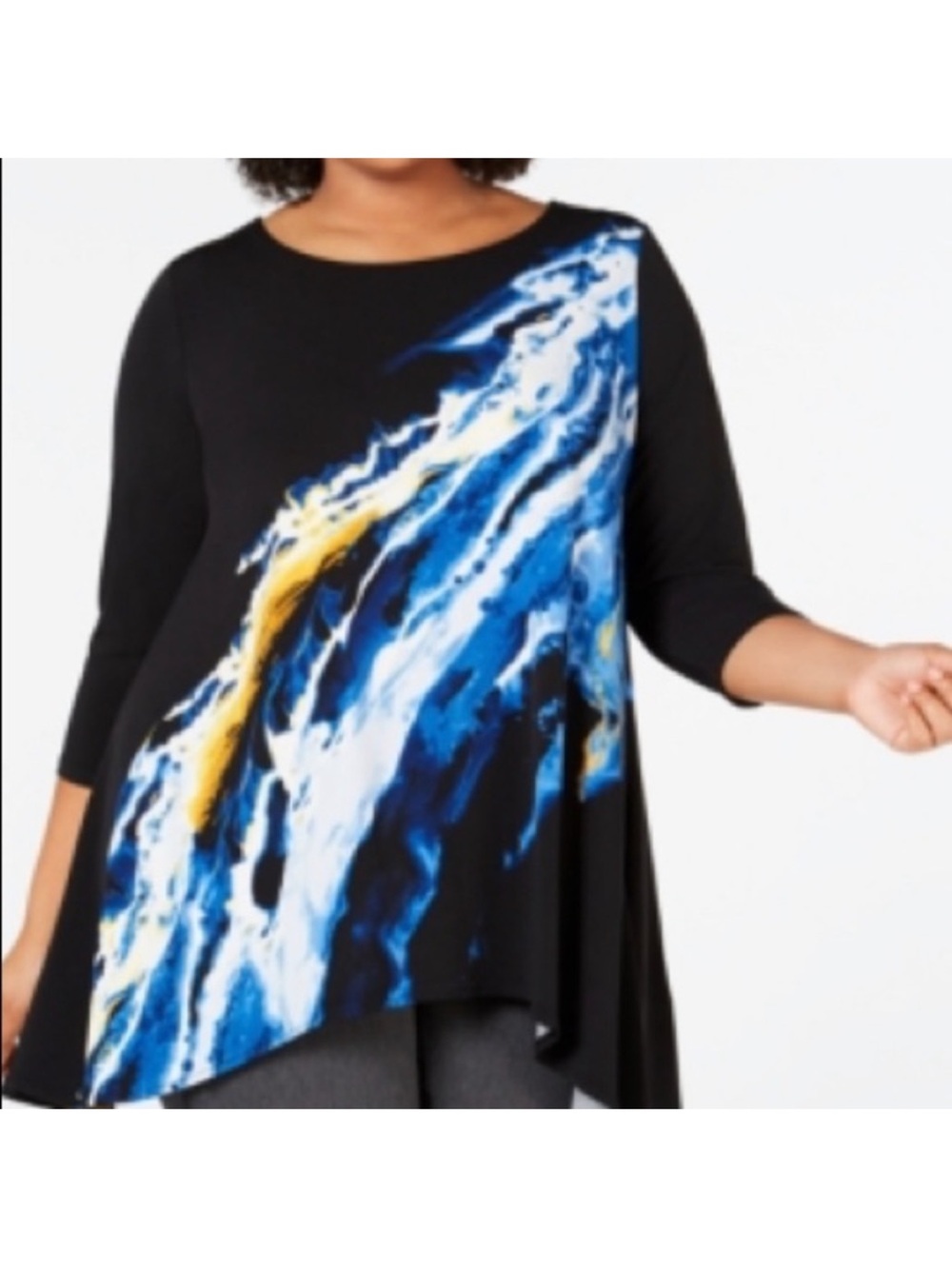 Alfani Black Tunic with Blue & Yellow Abstract Wave Print 1x